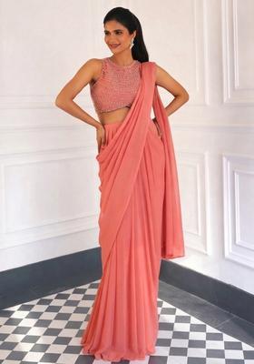 Peach Georgette Embellished Handwork Pre Draped Saree Set