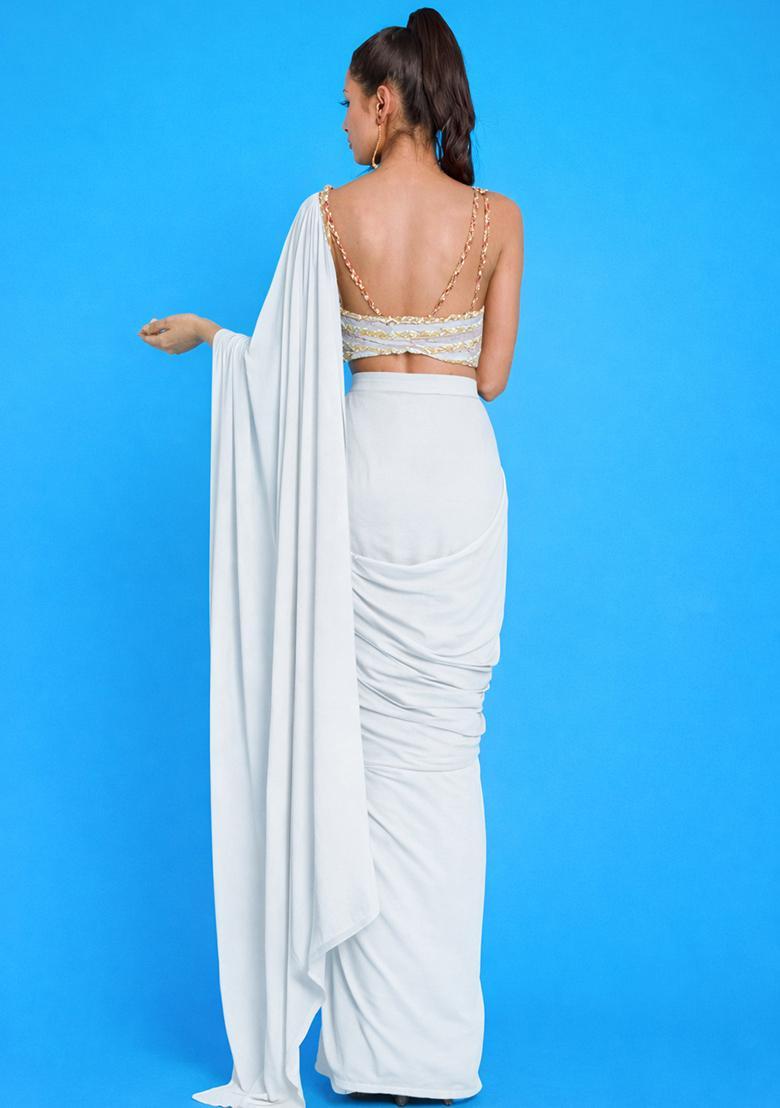 Off White Crepe Embroidered Handwork Pre Draped Saree Set - Indya