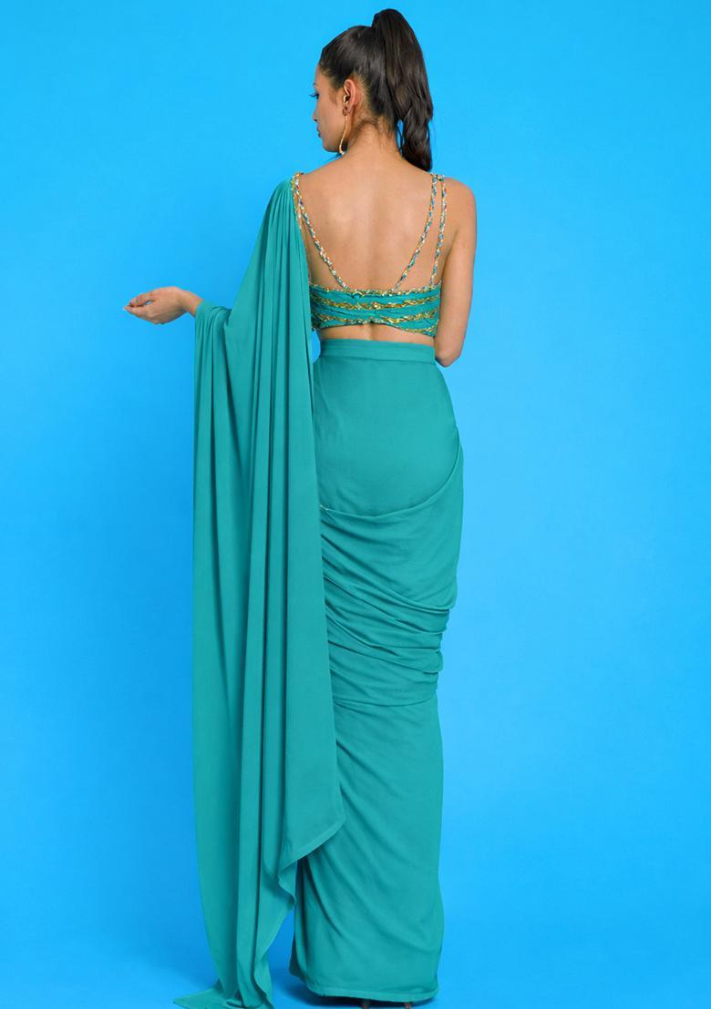 Turquoise Crepe Embroidered Handwork Pre Draped Saree Set - Indya
