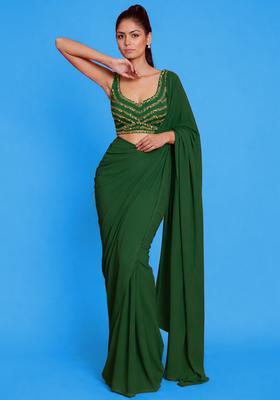 Forest Green Crepe Embroidered Handwork Pre Draped Saree Set
