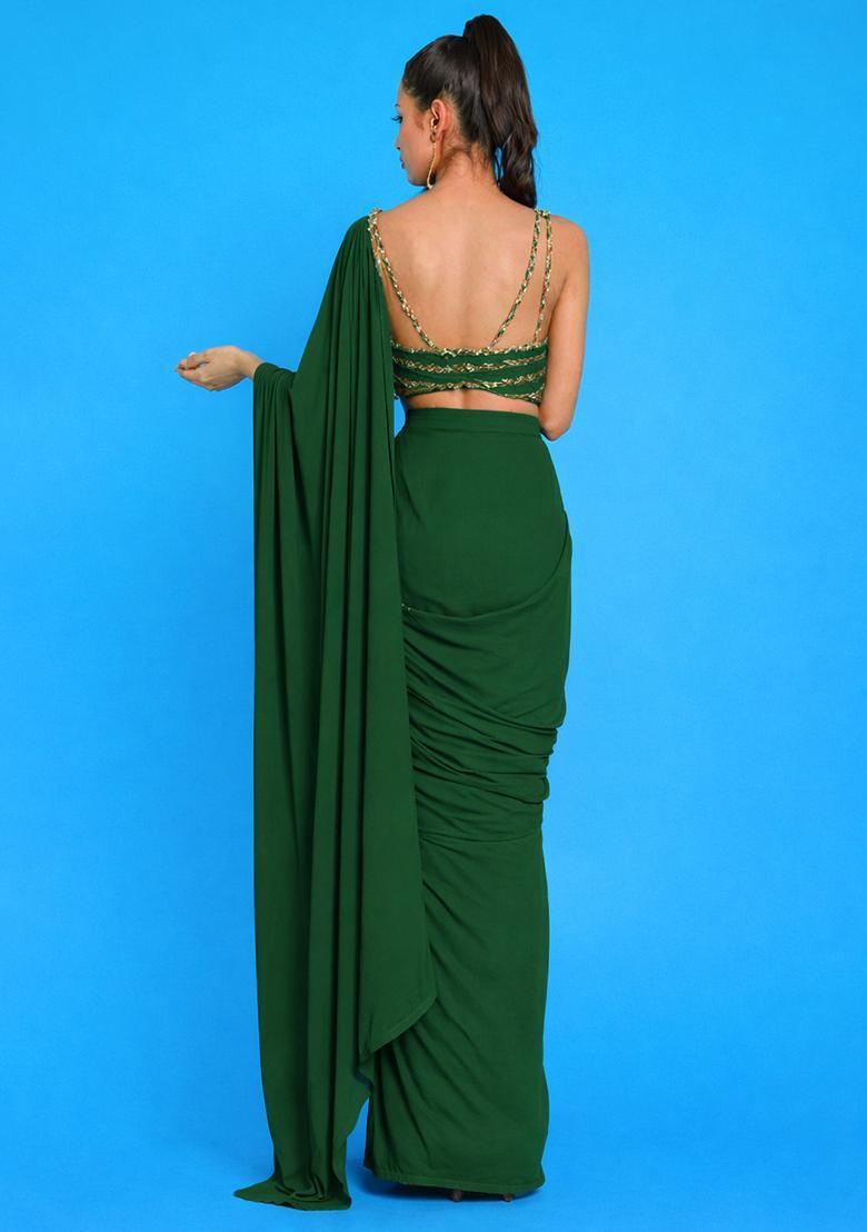 Forest Green Crepe Embroidered Handwork Pre Draped Saree Set - Indya