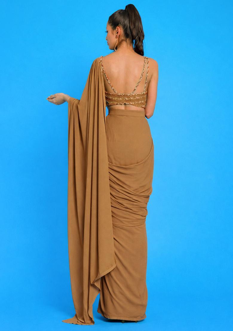 Olive Brown Crepe Embroidered Handwork Pre Draped Saree Set - Indya