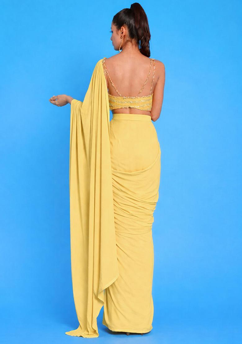 Sunny Yellow Crepe Embroidered Handwork Pre Draped Saree Set - Indya