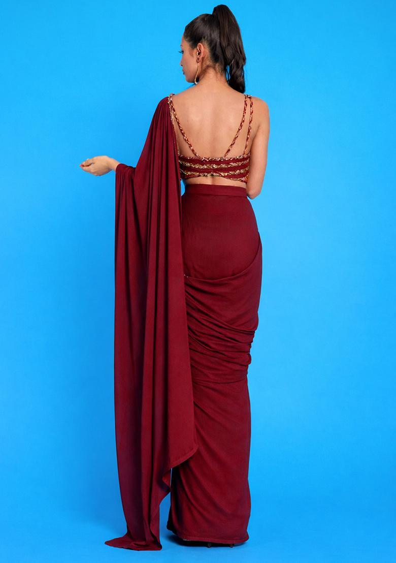 Wine Red Crepe Embroidered Handwork Pre Draped Saree Set - Indya
