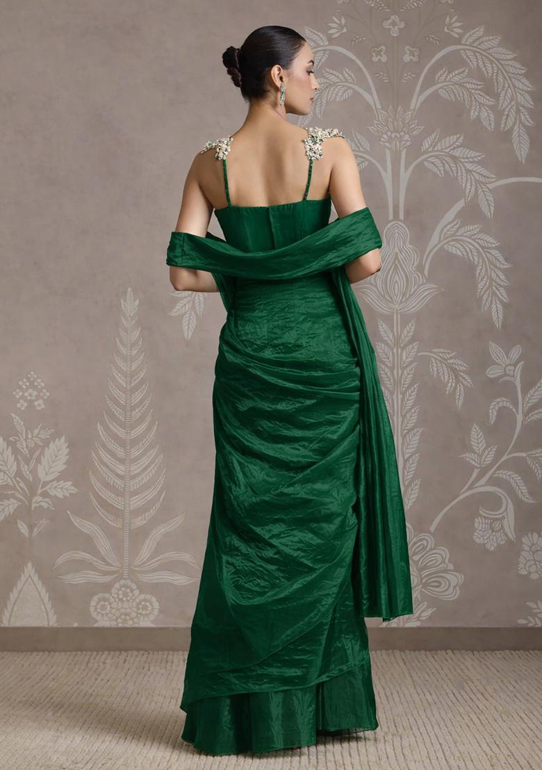 Emerald Green Silk Blend Embellished Handwork Pre Draped Saree Set - Indya