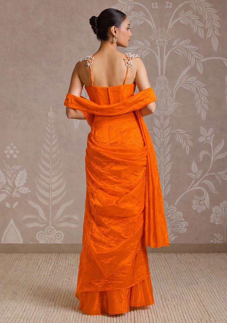 Bold Orange Silk Blend Embellished Handwork Pre Draped Saree Set - Indya