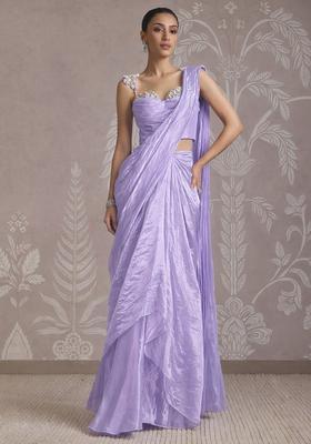 Lavender Purple Silk Blend Embellished Handwork Pre Draped Saree Set