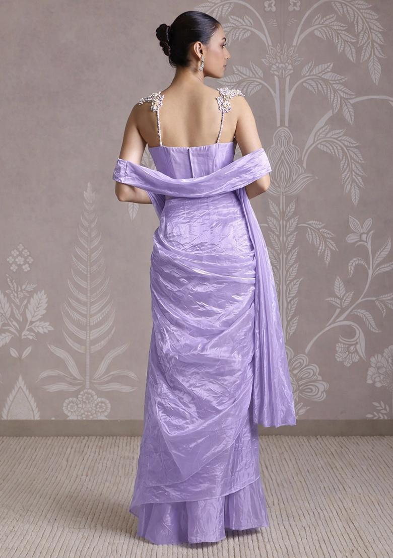 Lavender Purple Silk Blend Embellished Handwork Pre Draped Saree Set - Indya