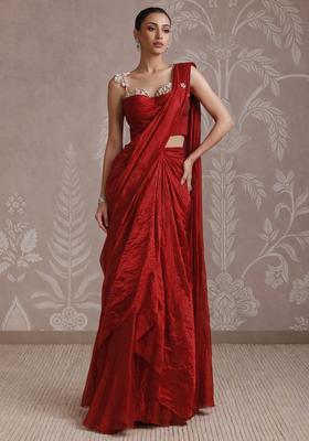 Deep Red Silk Blend Embellished Handwork Pre Draped Saree Set