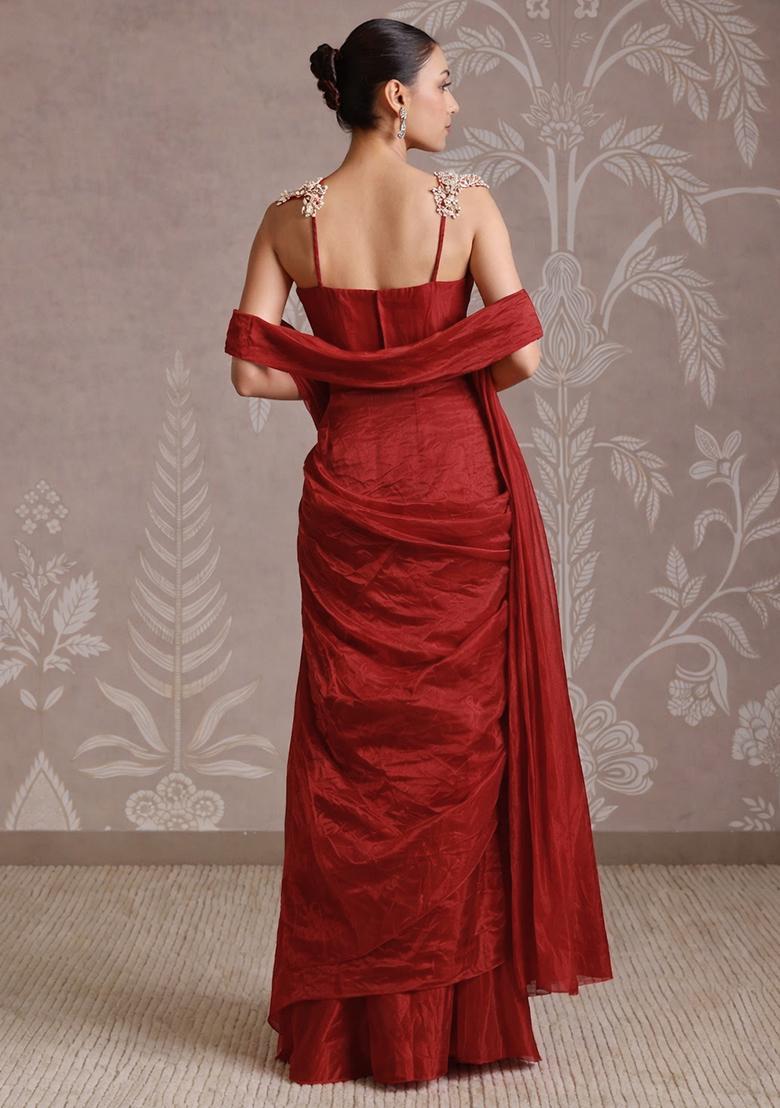 Deep Red Silk Blend Embellished Handwork Pre Draped Saree Set - Indya