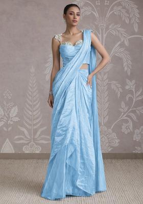 Electric Blue Silk Blend Embellished Handwork Pre Draped Saree Set