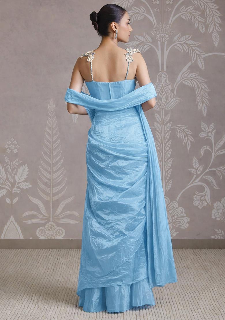 Electric Blue Silk Blend Embellished Handwork Pre Draped Saree Set - Indya