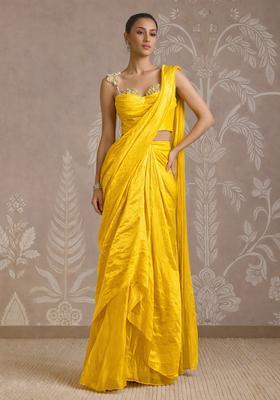 Neon Yellow Silk Blend Embellished Handwork Pre Draped Saree Set