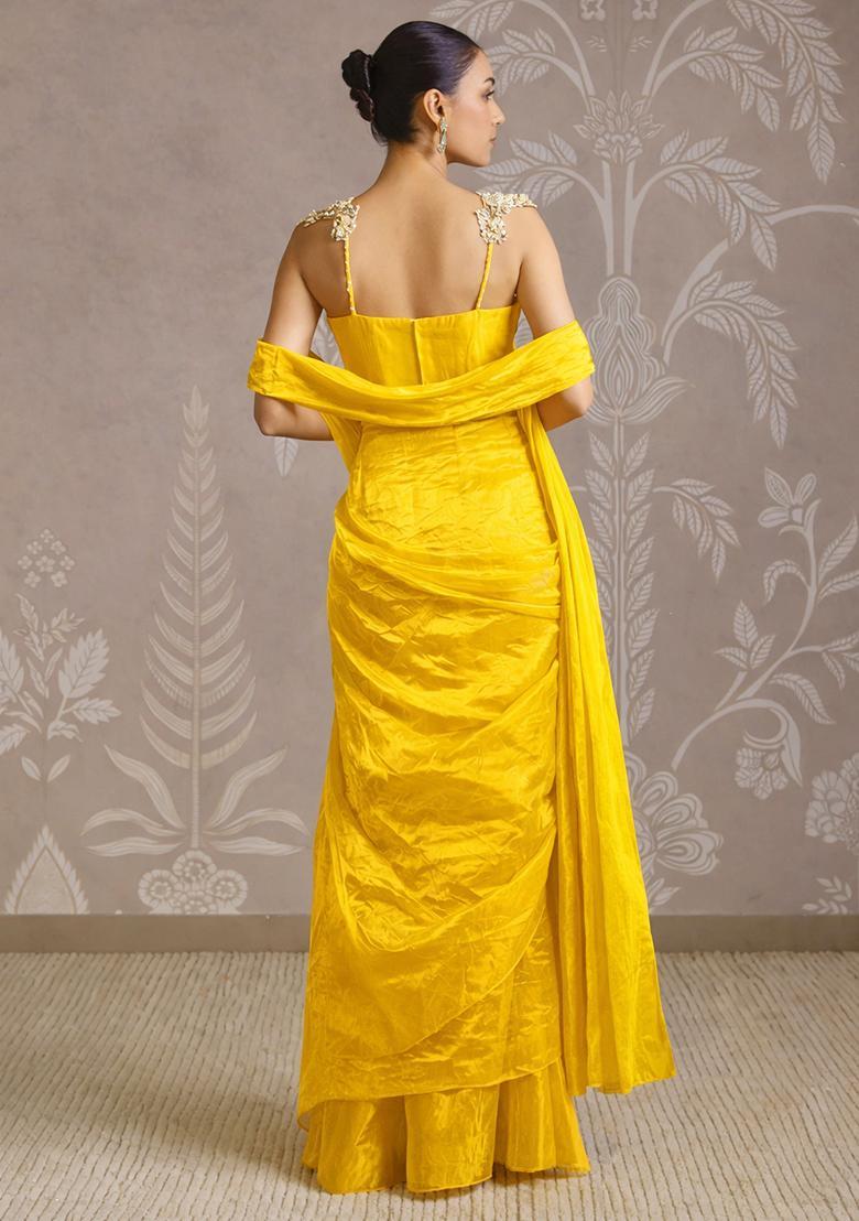 Neon Yellow Silk Blend Embellished Handwork Pre Draped Saree Set - Indya