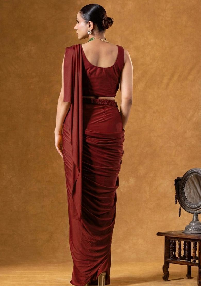 Maroon Crepe Embroidered Handwork Pre Draped Saree Set - Indya