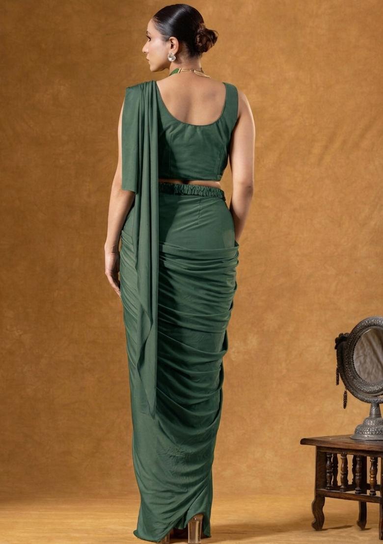 Duck Green Crepe Embroidered Handwork Pre Draped Saree Set - Indya