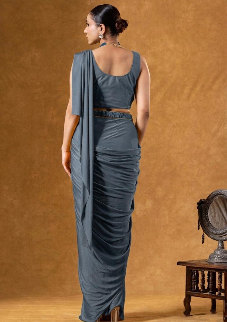 Warm Grey Crepe Embroidered Handwork Pre Draped Saree Set - Indya