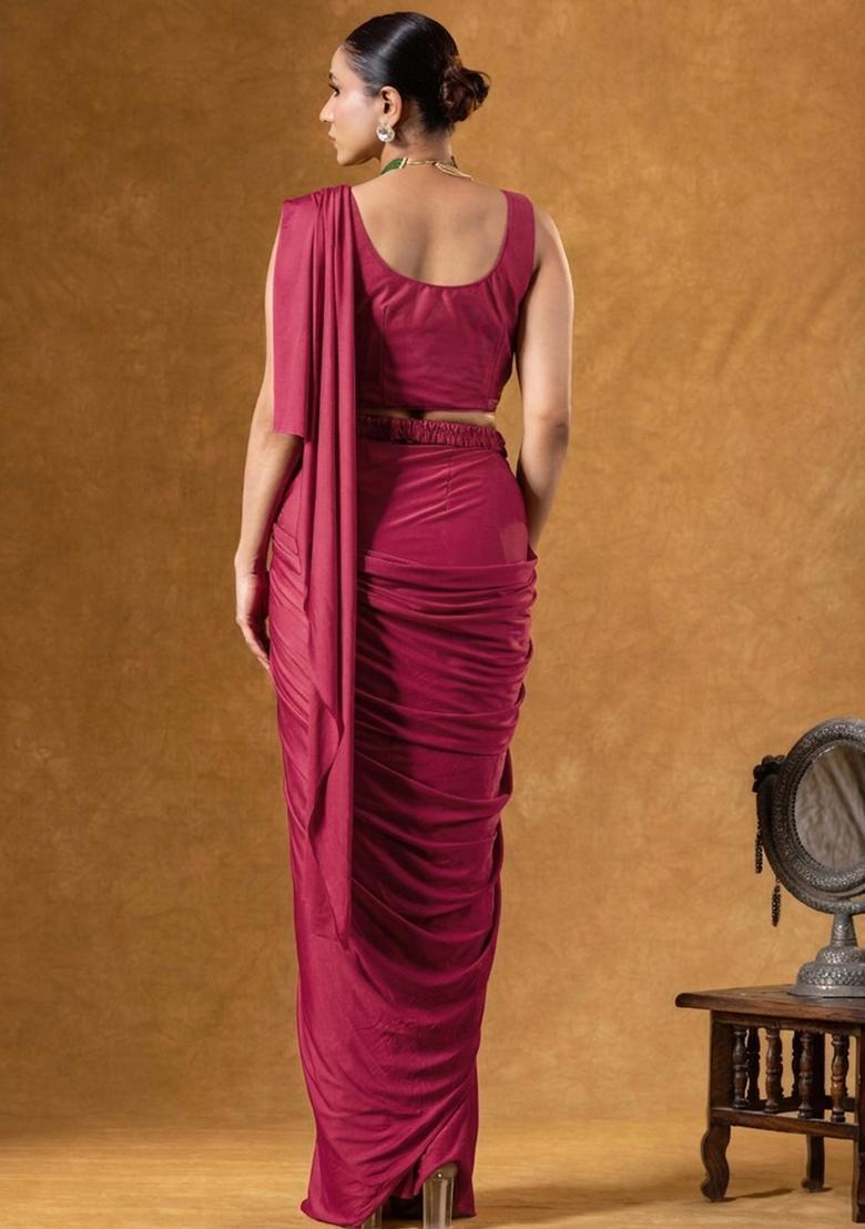 Raspberry Red Crepe Embroidered Handwork Pre Draped Saree Set - Indya