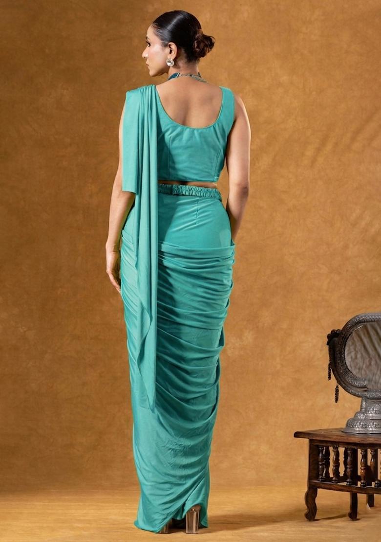 Aqua Blue Crepe Embroidered Handwork Pre Draped Saree Set - Indya