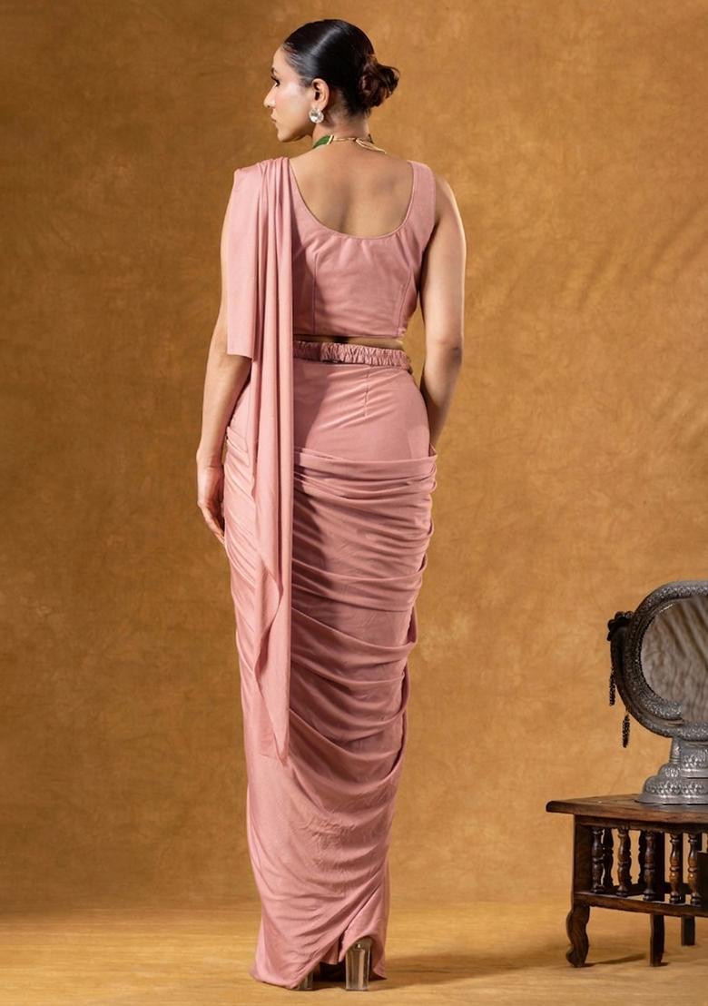 Rose Pink Crepe Embroidered Handwork Pre Draped Saree Set - Indya