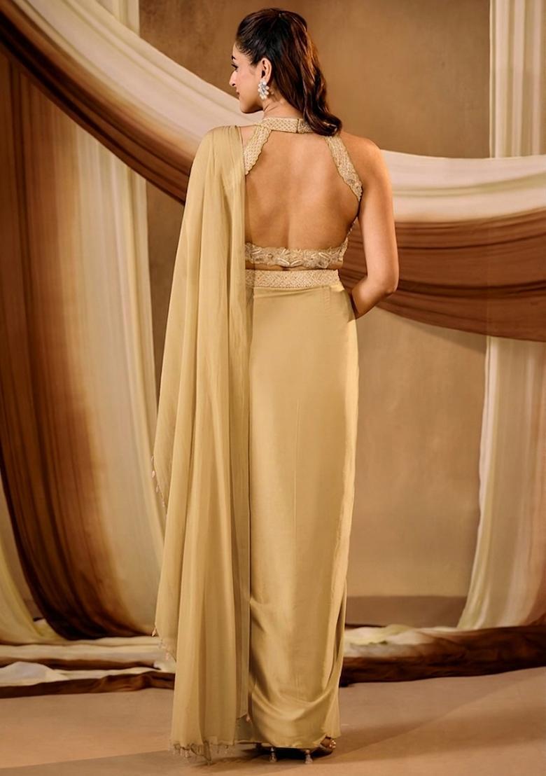 Golden Yellow Satin Embroidered Handwork Pre Draped Saree Set - Indya