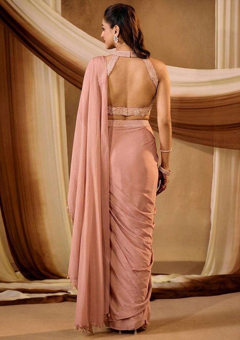 Dusty Pink Satin Embroidered Handwork Pre Draped Saree Set - Indya