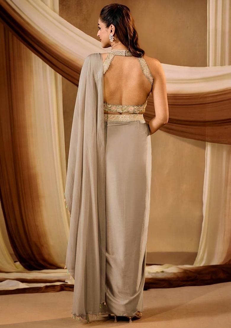 Cream Satin Embroidered Handwork Pre Draped Saree Set - Indya
