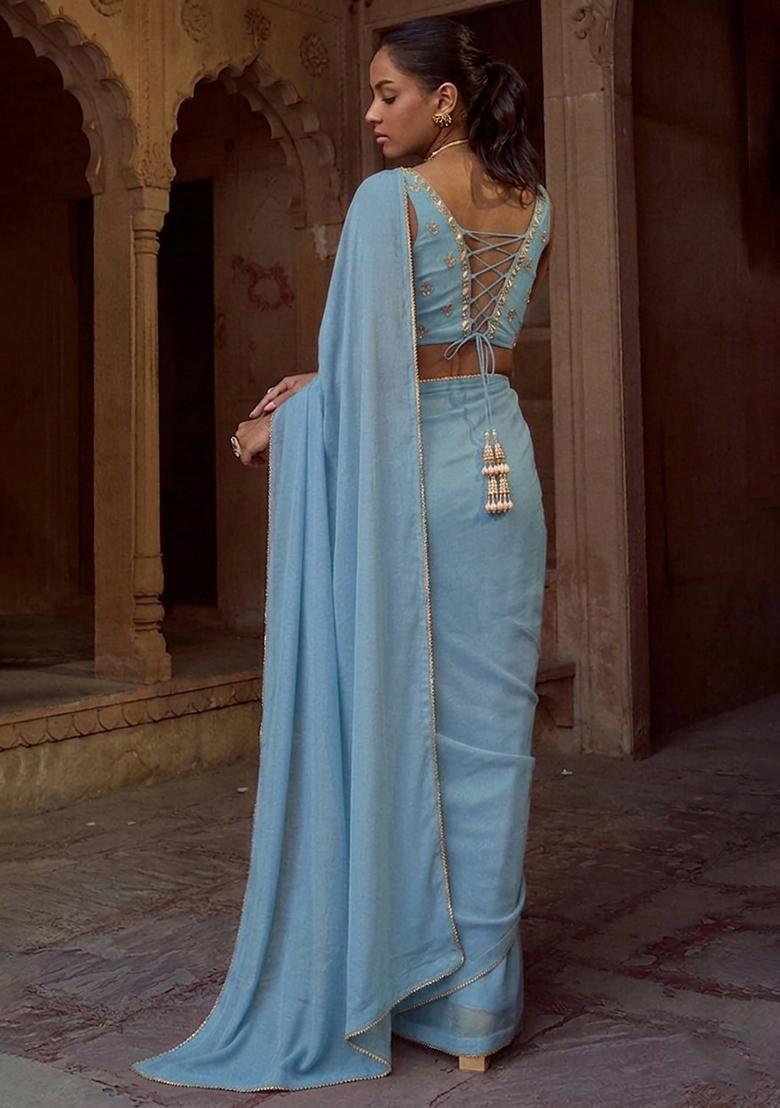 Powder Blue Chinon Embroidered Handwork Pre Draped Saree Set - Indya