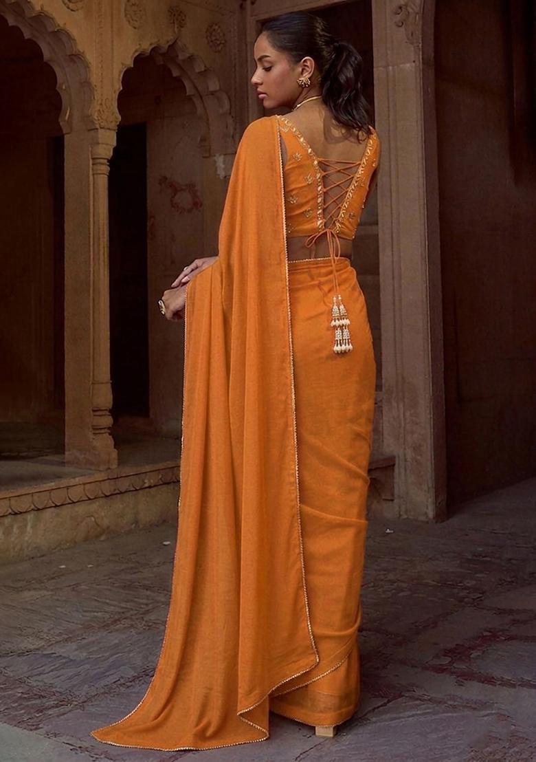 Caramel Chinon Embroidered Handwork Pre Draped Saree Set - Indya