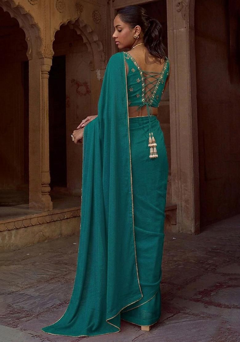 Orange Yellow Chinon Embroidered Handwork Pre Draped Saree Set - Indya