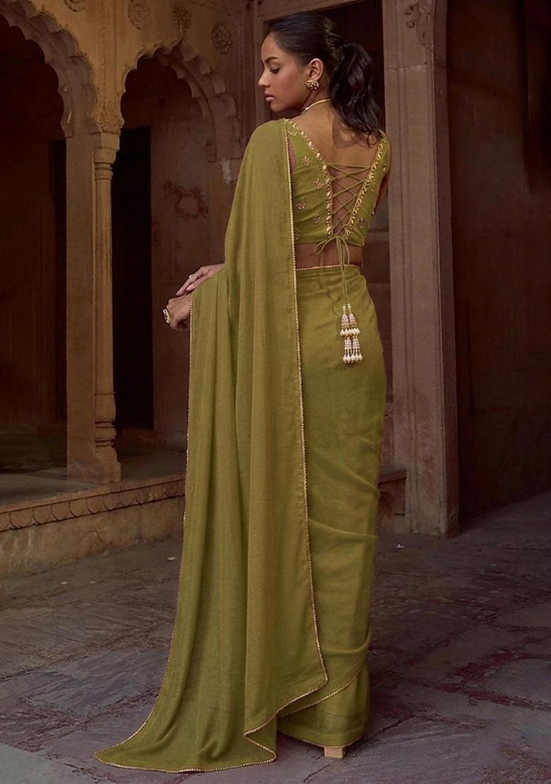 Olive Chinon Embroidered Handwork Pre Draped Saree Set - Indya