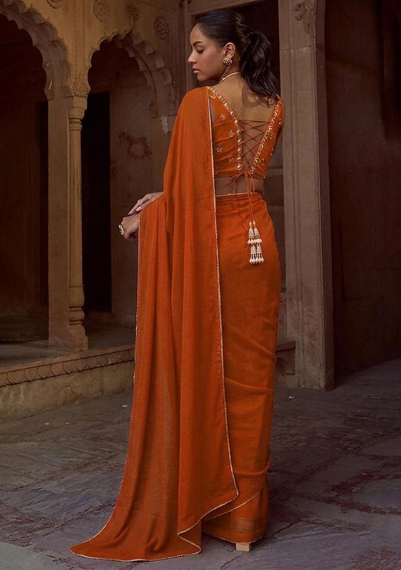 Burnt Orange Chinon Embroidered Handwork Pre Draped Saree Set - Indya