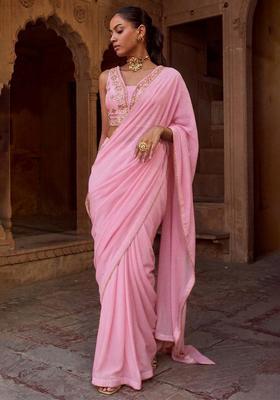 Baby Blue Chinon Embroidered Handwork Pre Draped Saree Set