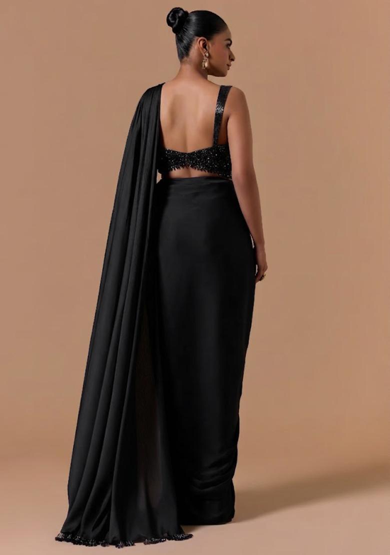 Black Mesh Embroidered Handwork Pre Draped Saree Set - Indya