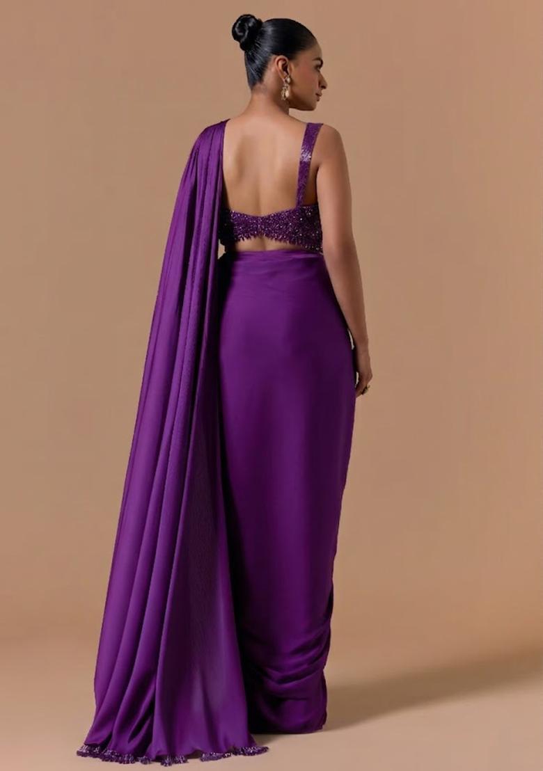 Purple Mesh Embroidered Handwork Pre Draped Saree Set - Indya