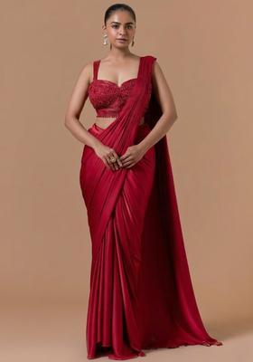 Red Mesh Embroidered Handwork Pre Draped Saree Set