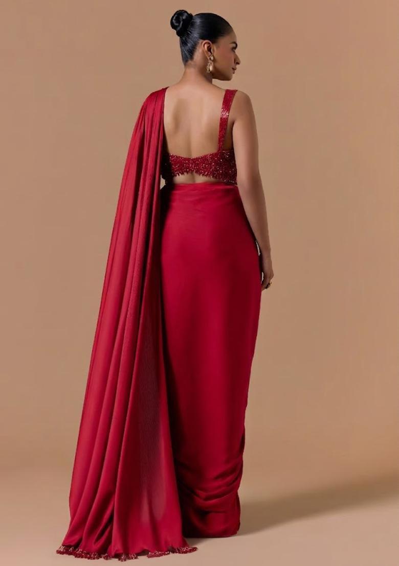 Red Mesh Embroidered Handwork Pre Draped Saree Set - Indya