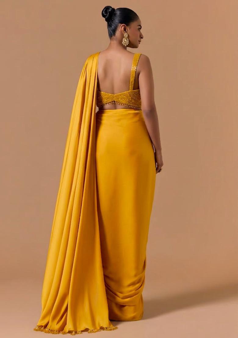 Yellow Mesh Embroidered Handwork Pre Draped Saree Set - Indya