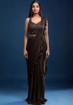 Brown Chinon Embellished Handwork Pre Draped Saree Set