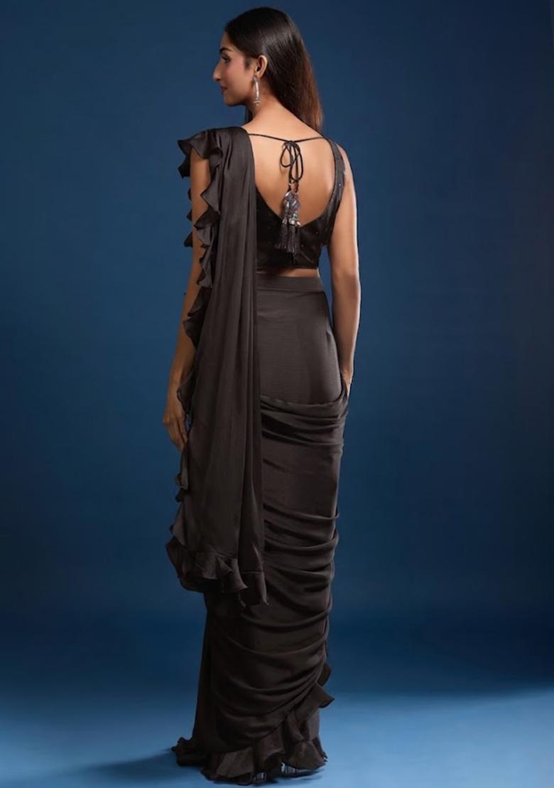 Brown Chinon Embellished Handwork Pre Draped Saree Set - Indya
