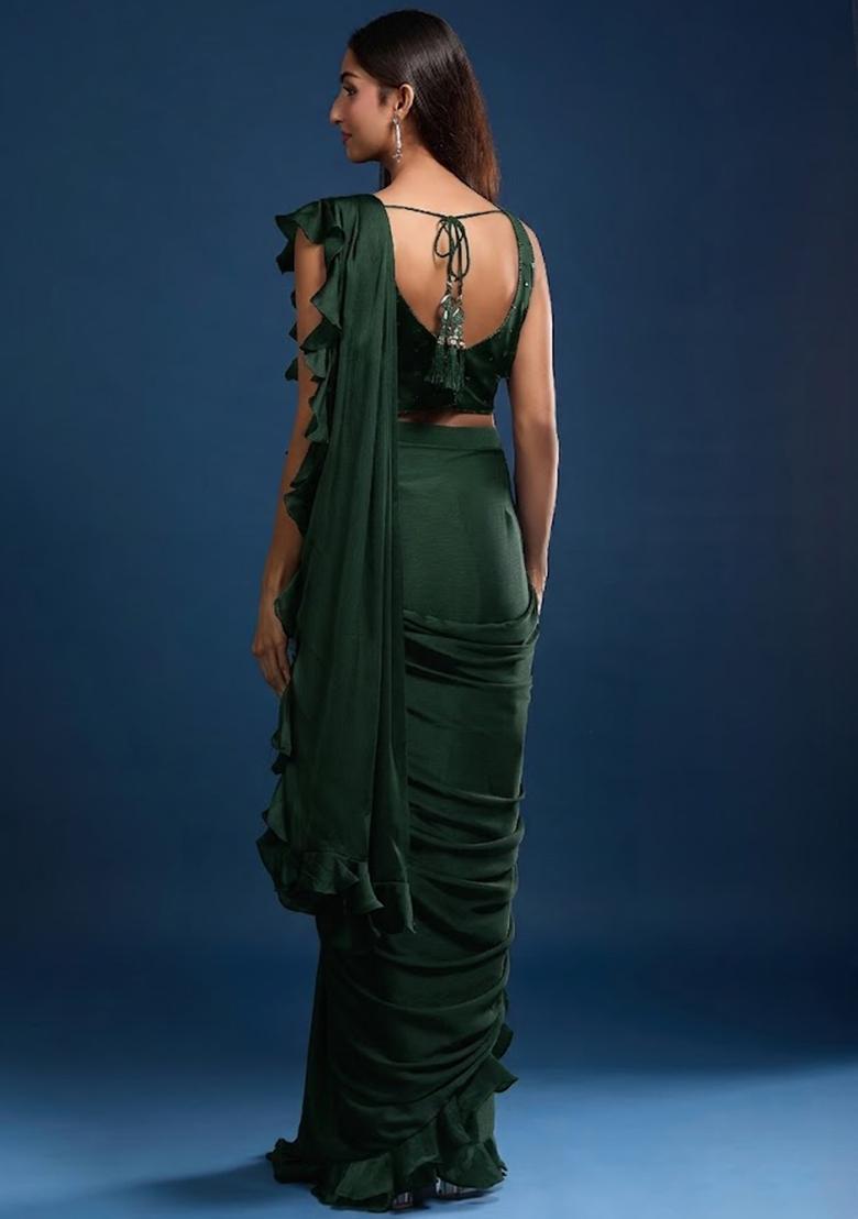 Green Chinon Embellished Handwork Pre Draped Saree Set - Indya