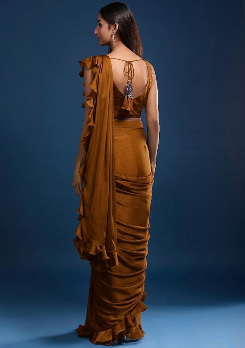 Honey Chinon Embellished Handwork Pre Draped Saree Set - Indya