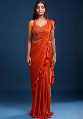 Orange Chinon Embellished Handwork Pre Draped Saree Set
