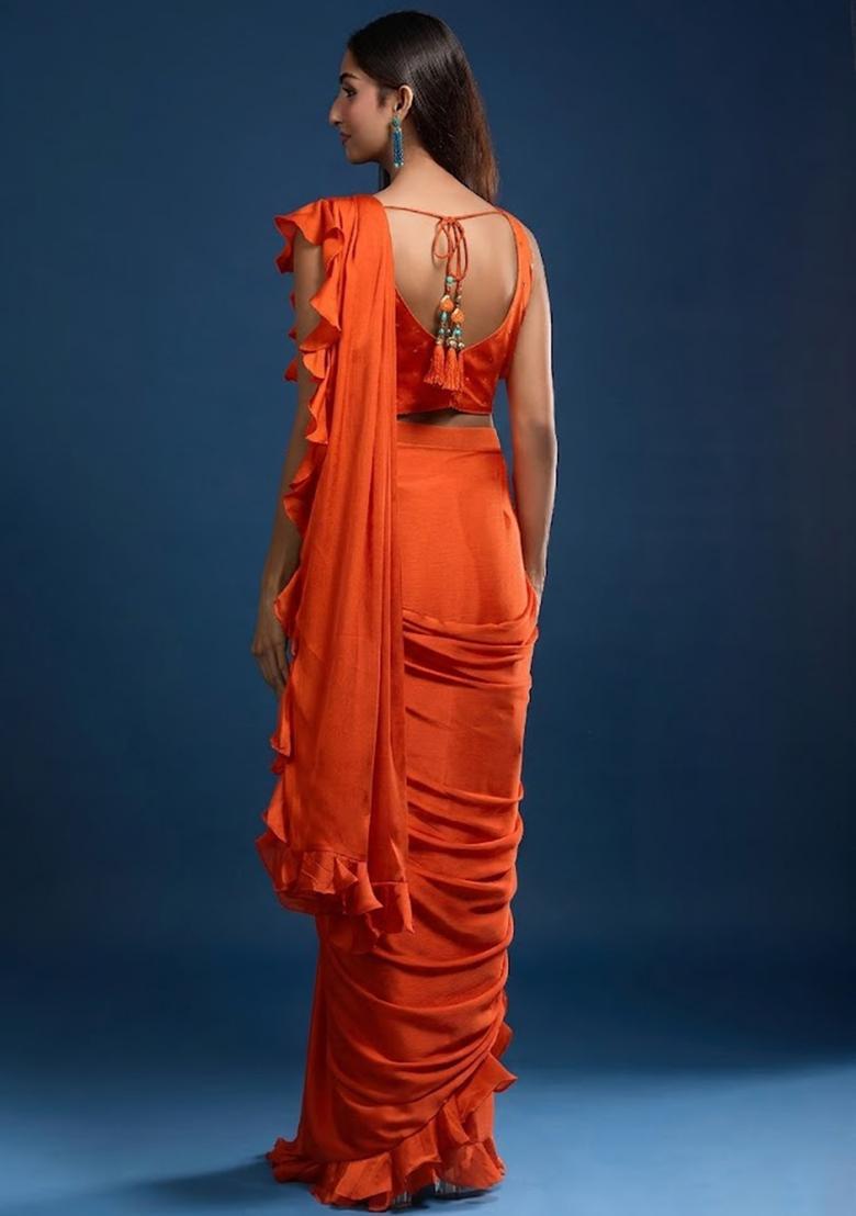 Orange Chinon Embellished Handwork Pre Draped Saree Set - Indya