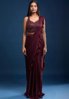 Wine Chinon Embellished Handwork Pre Draped Saree Set