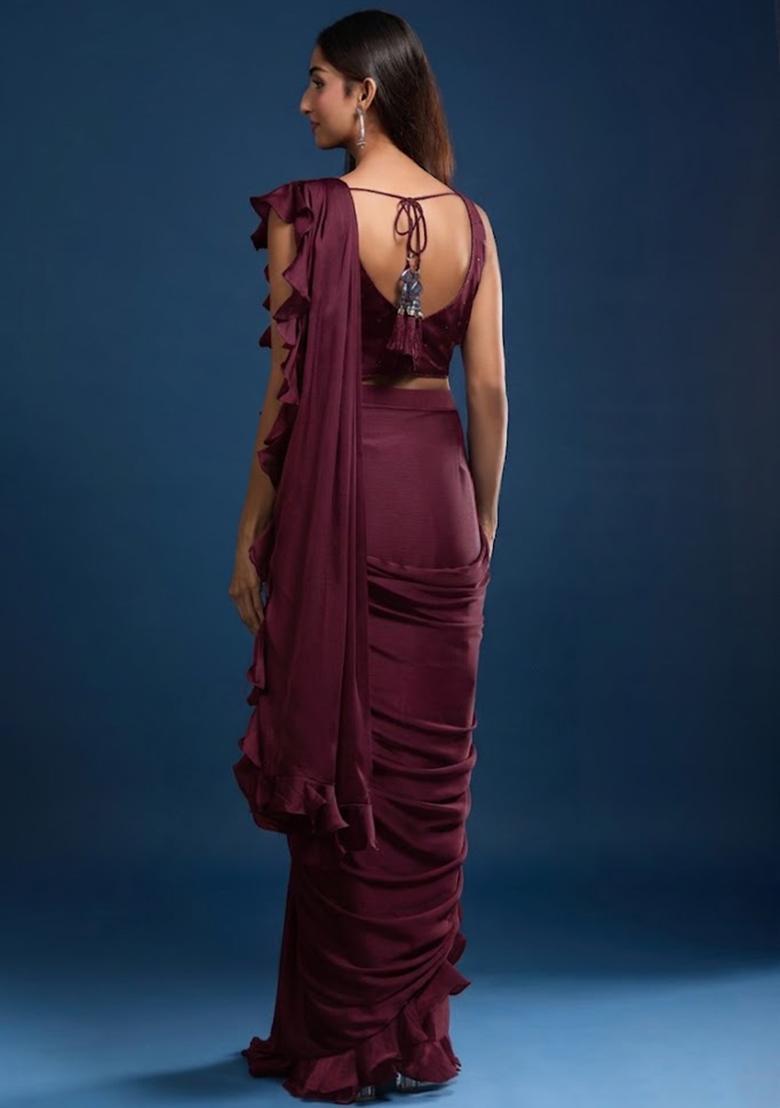 Wine Chinon Embellished Handwork Pre Draped Saree Set - Indya