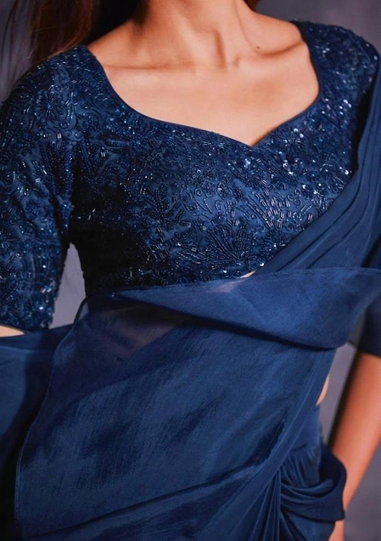 Navy Blue Organza Embroidered Handwork Pre Draped Saree Set - Indya