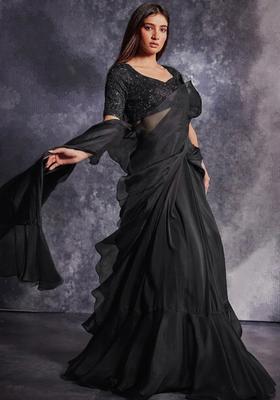 Grey Organza Embroidered Handwork Pre Draped Saree Set