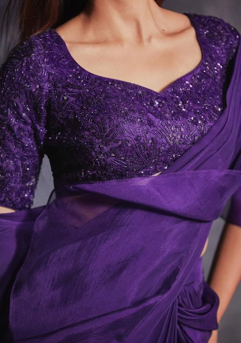 Purple Organza Embroidered Handwork Pre Draped Saree Set - Indya