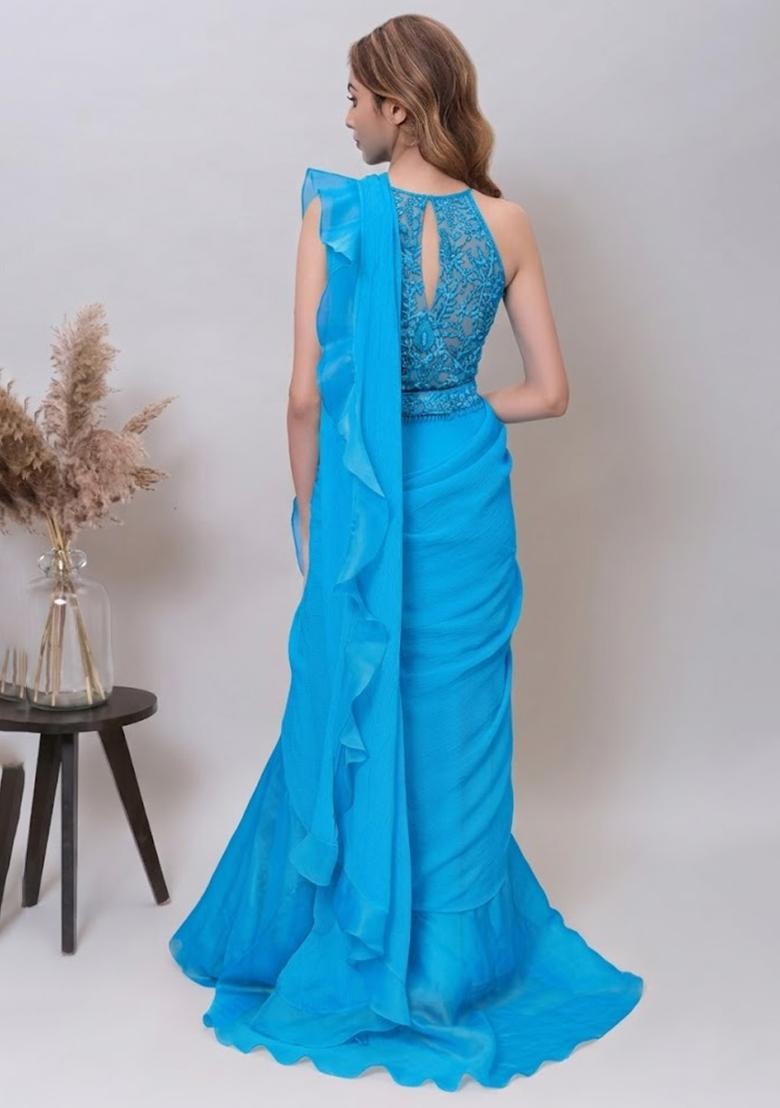 Sky Blue Organza Embroidered Handwork Pre Draped Saree Set - Indya
